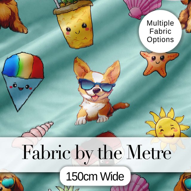Cute Summer Dog Teal Background Ice Cream Starfish Seamless Pattern Digital Print Fabric by the Metre UK Sewing Quilting Textile