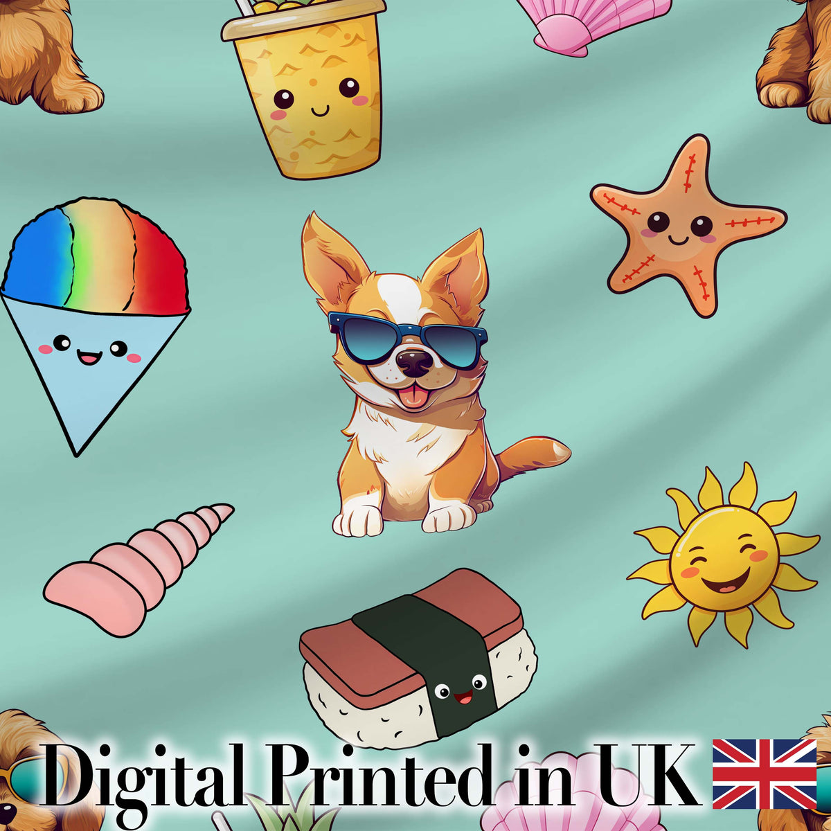 Cute Summer Dog Teal Background Ice Cream Starfish Seamless Pattern Digital Print Fabric by the Metre UK Sewing Quilting Textile