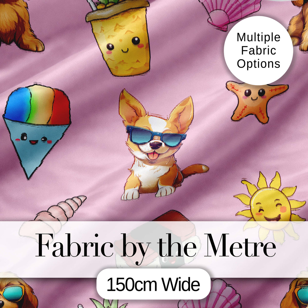 Cute Summer Dog Light Pink Background Ice Cream Starfish Seamless Pattern Digital Print Fabric by the Metre UK Sewing Quilting Textile