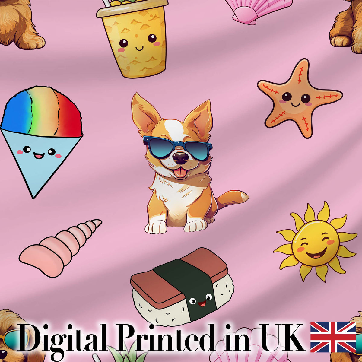 Cute Summer Dog Light Pink Background Ice Cream Starfish Seamless Pattern Digital Print Fabric by the Metre UK Sewing Quilting Textile