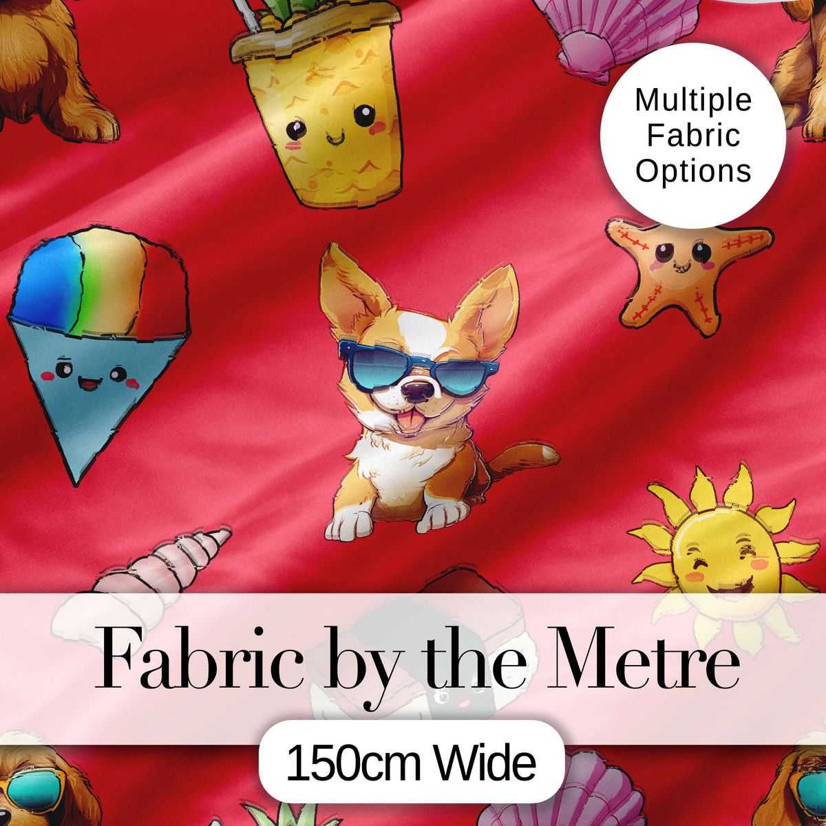 Cute Summer Dog Red Background Ice Cream Starfish Seamless Pattern Digital Print Fabric by the Metre UK Sewing Quilting Textile