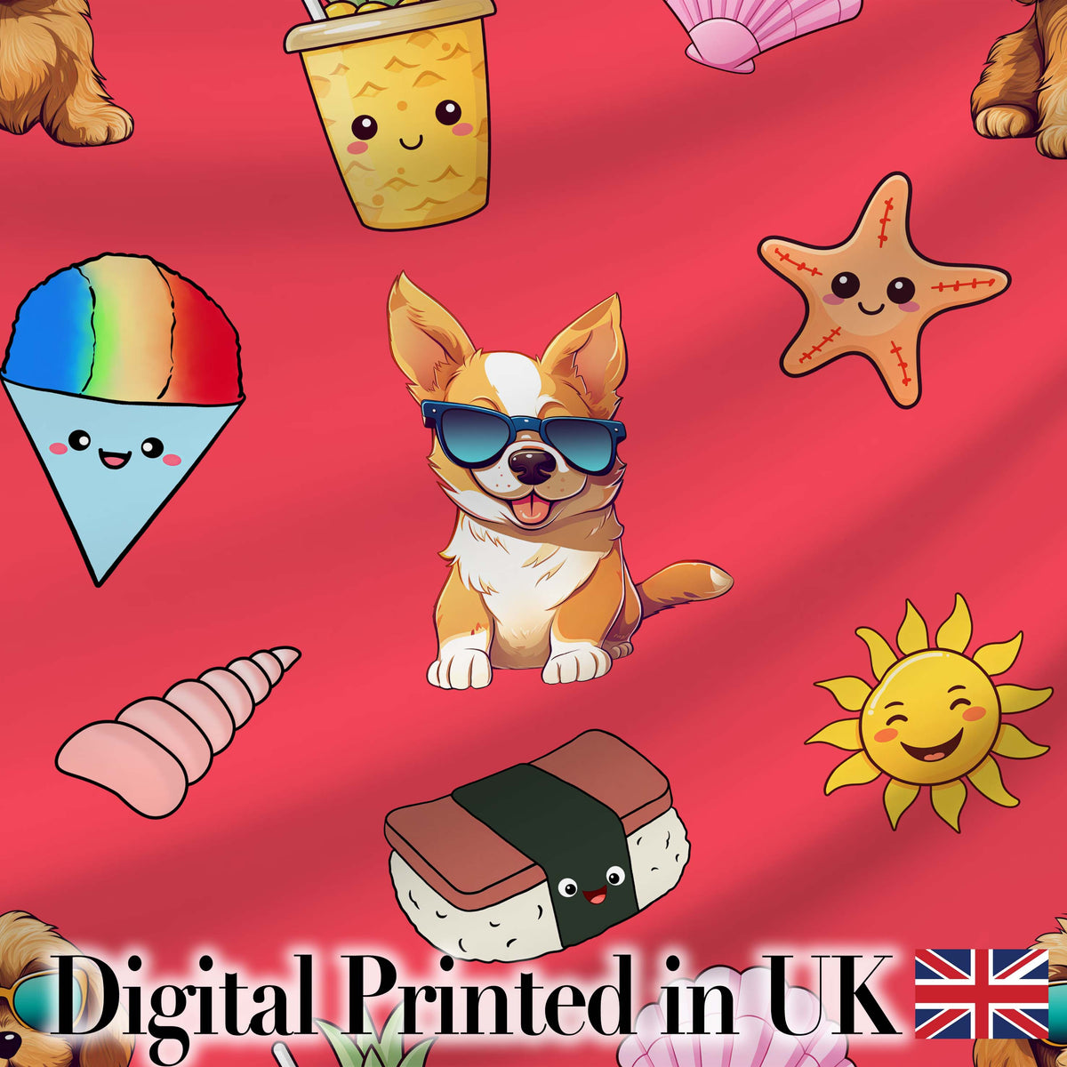 Cute Summer Dog Red Background Ice Cream Starfish Seamless Pattern Digital Print Fabric by the Metre UK Sewing Quilting Textile
