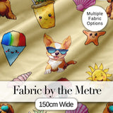 Cute Summer Dog Yellow Background Ice Cream Starfish Seamless Pattern Digital Print Fabric by the Metre UK Sewing Quilting Textile