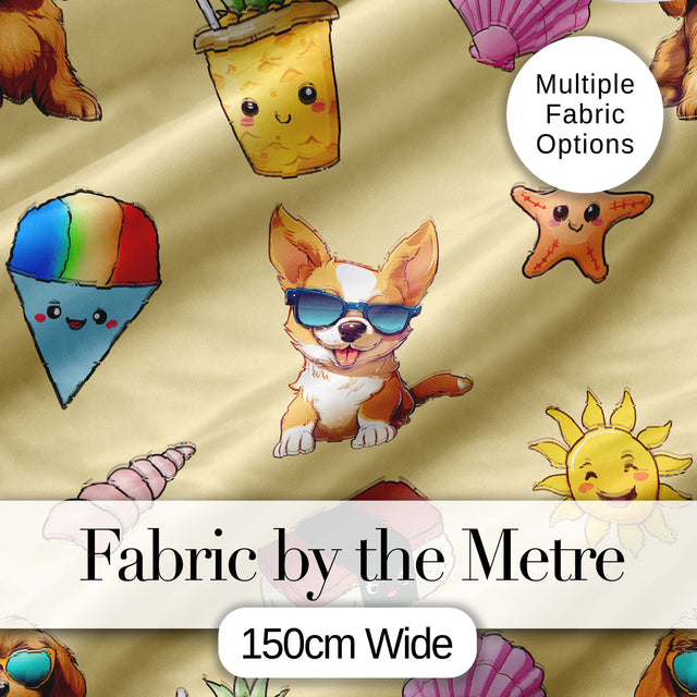 Cute Summer Dog Yellow Background Ice Cream Starfish Seamless Pattern Digital Print Fabric by the Metre UK Sewing Quilting Textile
