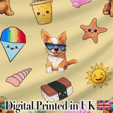 Cute Summer Dog Yellow Background Ice Cream Starfish Seamless Pattern Digital Print Fabric by the Metre UK Sewing Quilting Textile