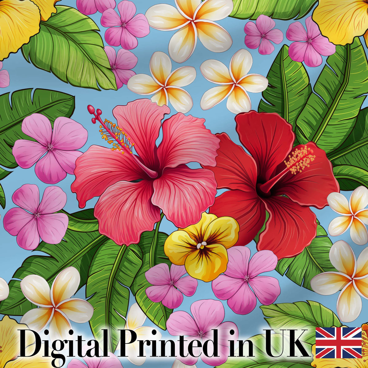 Tropical Hibiscus Flowers Blue Background Plumeria Leaves Seamless Pattern Digital Print Fabric by the Metre UK Sewing Quilting Textile