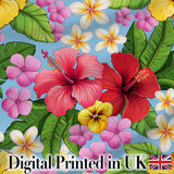 Tropical Hibiscus Flowers Blue Background Plumeria Leaves Seamless Pattern Digital Print Fabric by the Metre UK Sewing Quilting Textile