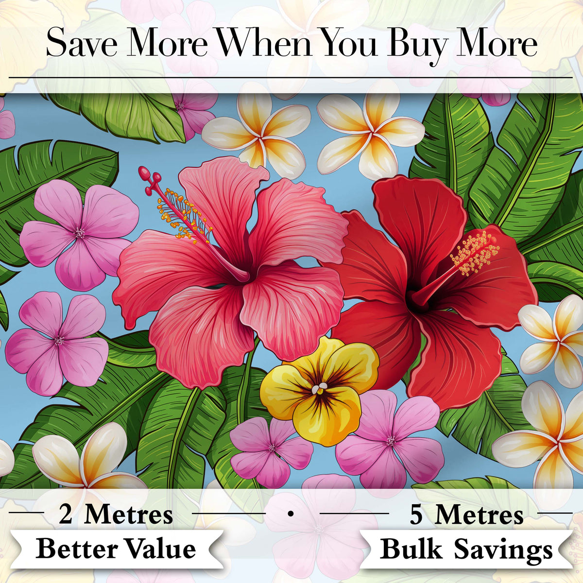 Tropical Hibiscus Flowers Blue Background Plumeria Leaves Seamless Pattern Digital Print Fabric by the Metre UK Sewing Quilting Textile