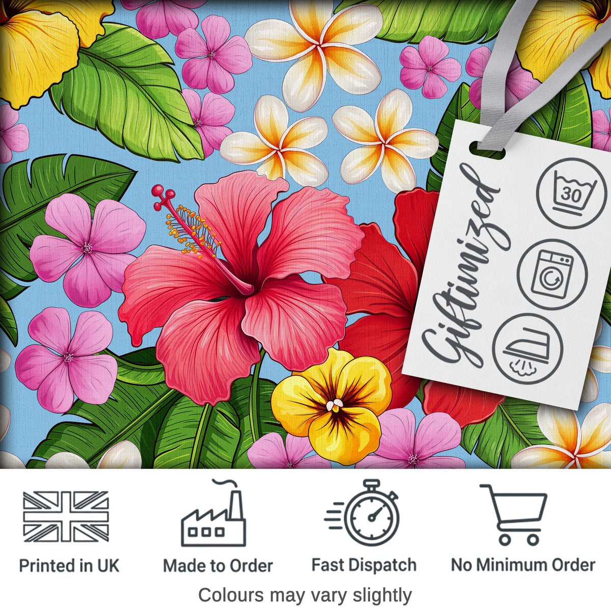 Tropical Hibiscus Flowers Blue Background Plumeria Leaves Seamless Pattern Digital Print Fabric by the Metre UK Sewing Quilting Textile