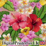 Tropical Hibiscus Flowers Beige Background Plumeria Leaves Seamless Pattern Digital Print Fabric by the Metre UK Sewing Quilting Textile