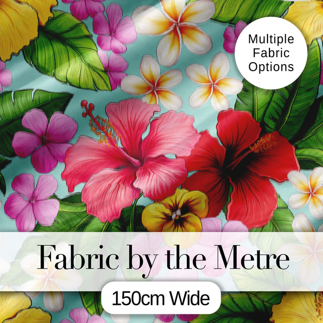 Tropical Hibiscus Flowers Mint Background Plumeria Leaves Seamless Pattern Digital Print Fabric by the Metre UK Sewing Quilting Textile