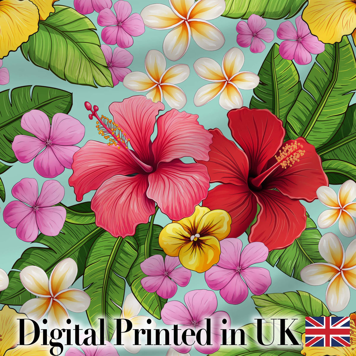 Tropical Hibiscus Flowers Mint Background Plumeria Leaves Seamless Pattern Digital Print Fabric by the Metre UK Sewing Quilting Textile
