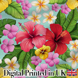 Tropical Hibiscus Flowers Mint Background Plumeria Leaves Seamless Pattern Digital Print Fabric by the Metre UK Sewing Quilting Textile