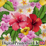 Tropical Hibiscus Flowers Soft Pink Background Plumeria Leaves Seamless Pattern Digital Print Fabric by the Metre UK Sewing Quilting Textile