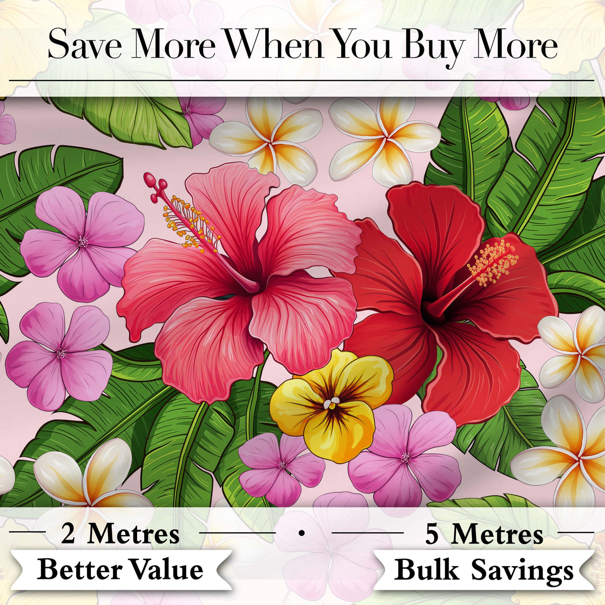 Tropical Hibiscus Flowers Soft Pink Background Plumeria Leaves Seamless Pattern Digital Print Fabric by the Metre UK Sewing Quilting Textile