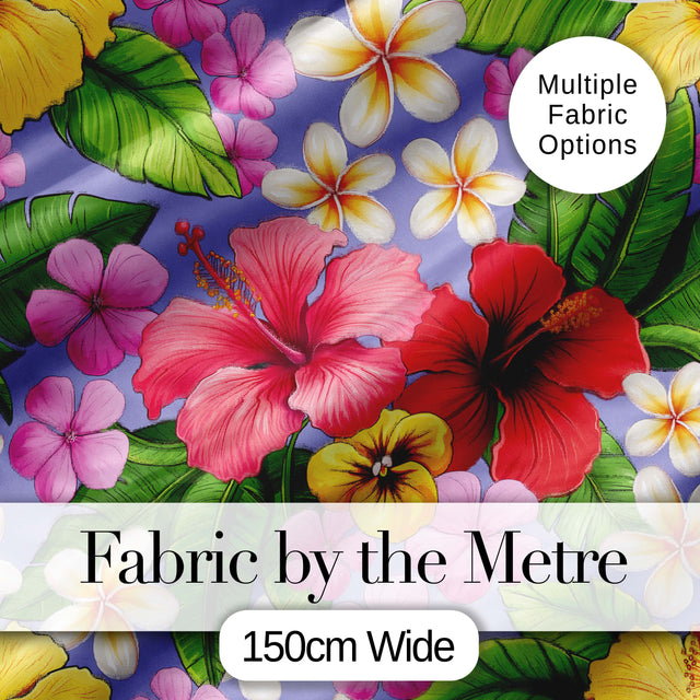 Tropical Hibiscus Flowers Purple Background Plumeria Leaves Seamless Pattern Digital Print Fabric by the Metre UK Sewing Quilting Textile