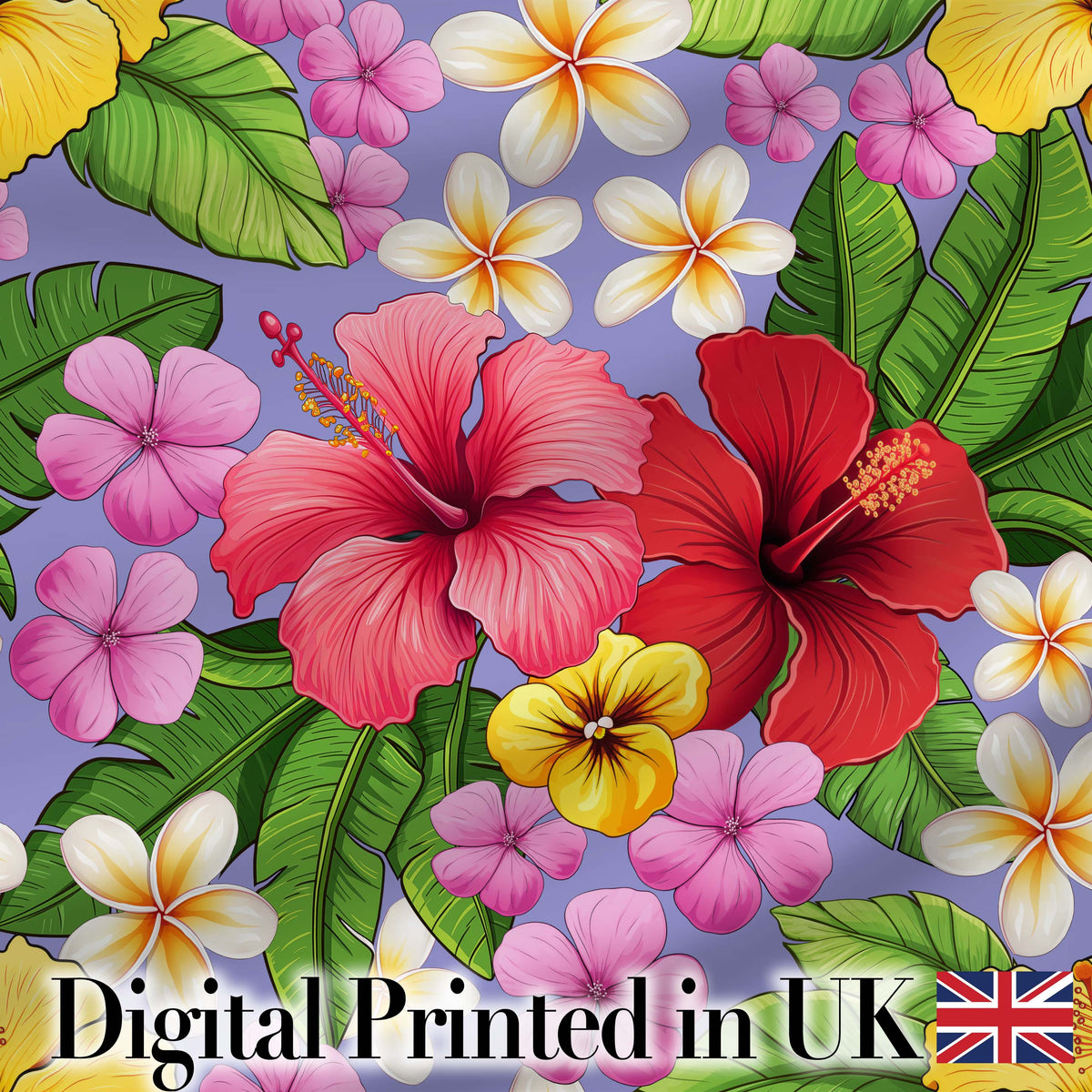Tropical Hibiscus Flowers Purple Background Plumeria Leaves Seamless Pattern Digital Print Fabric by the Metre UK Sewing Quilting Textile