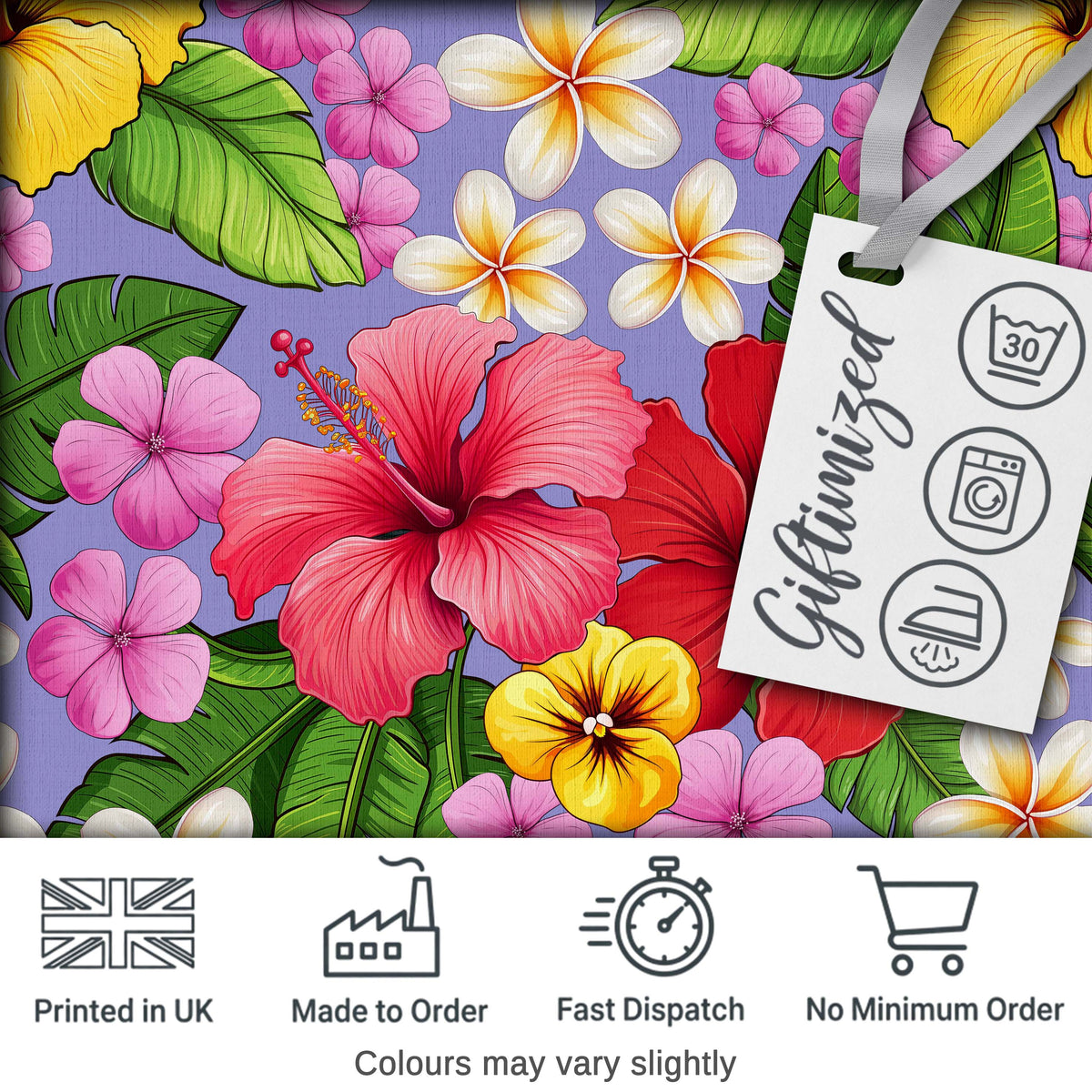 Tropical Hibiscus Flowers Purple Background Plumeria Leaves Seamless Pattern Digital Print Fabric by the Metre UK Sewing Quilting Textile