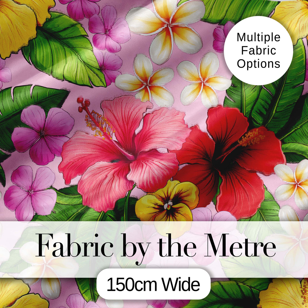Tropical Hibiscus Flowers Pink Background Plumeria Leaves Seamless Pattern Digital Print Fabric by the Metre UK Sewing Quilting Textile