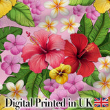 Tropical Hibiscus Flowers Pink Background Plumeria Leaves Seamless Pattern Digital Print Fabric by the Metre UK Sewing Quilting Textile
