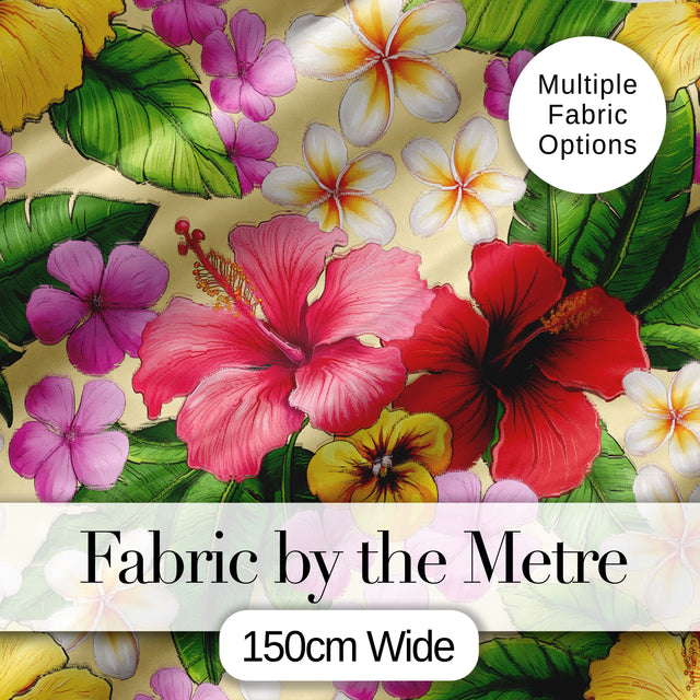 Tropical Hibiscus Flowers Cream Background Plumeria Leaves Seamless Pattern Digital Print Fabric by the Metre UK Sewing Quilting Textile