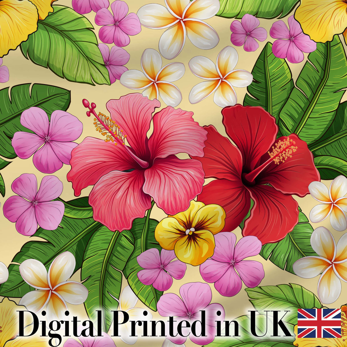 Tropical Hibiscus Flowers Cream Background Plumeria Leaves Seamless Pattern Digital Print Fabric by the Metre UK Sewing Quilting Textile