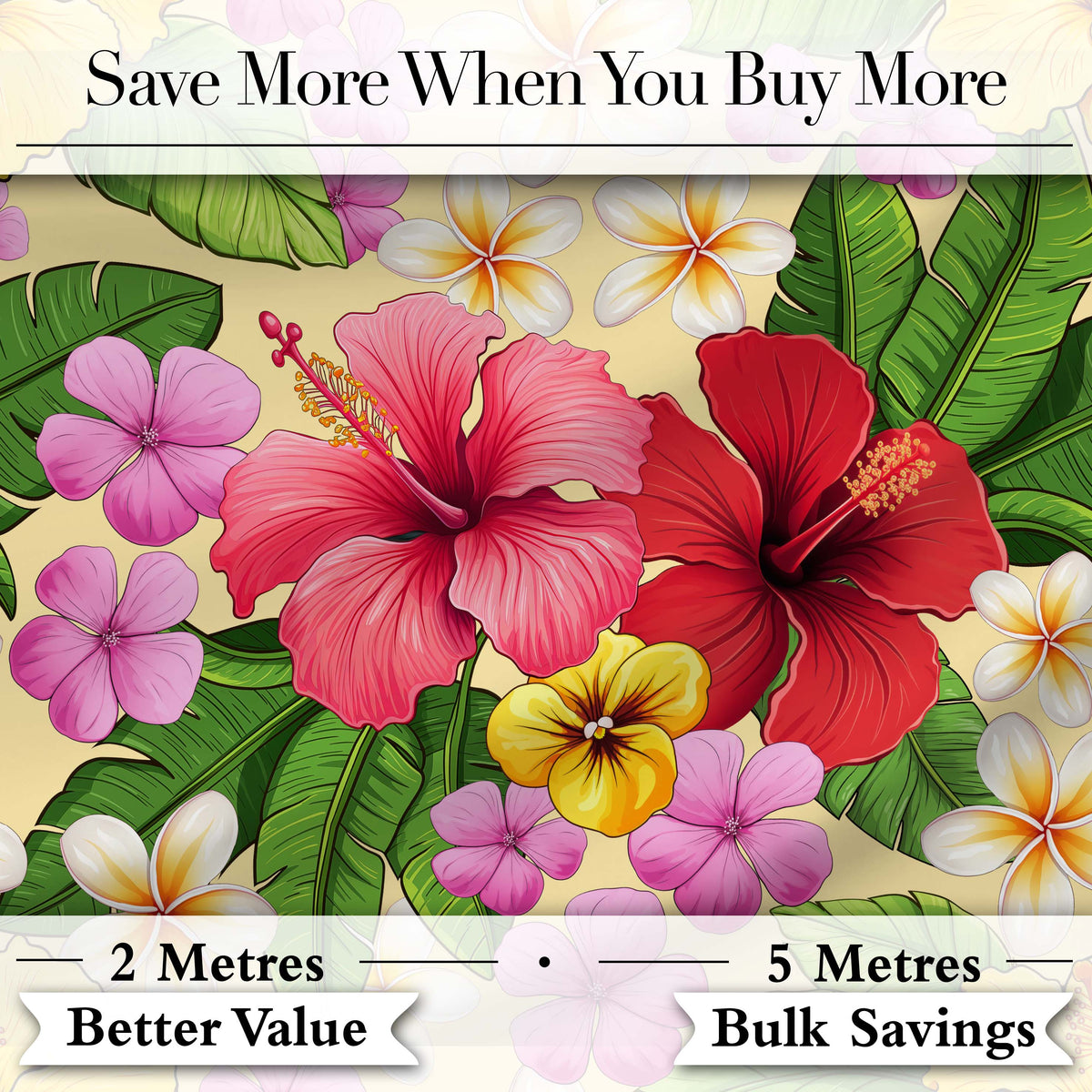 Tropical Hibiscus Flowers Cream Background Plumeria Leaves Seamless Pattern Digital Print Fabric by the Metre UK Sewing Quilting Textile