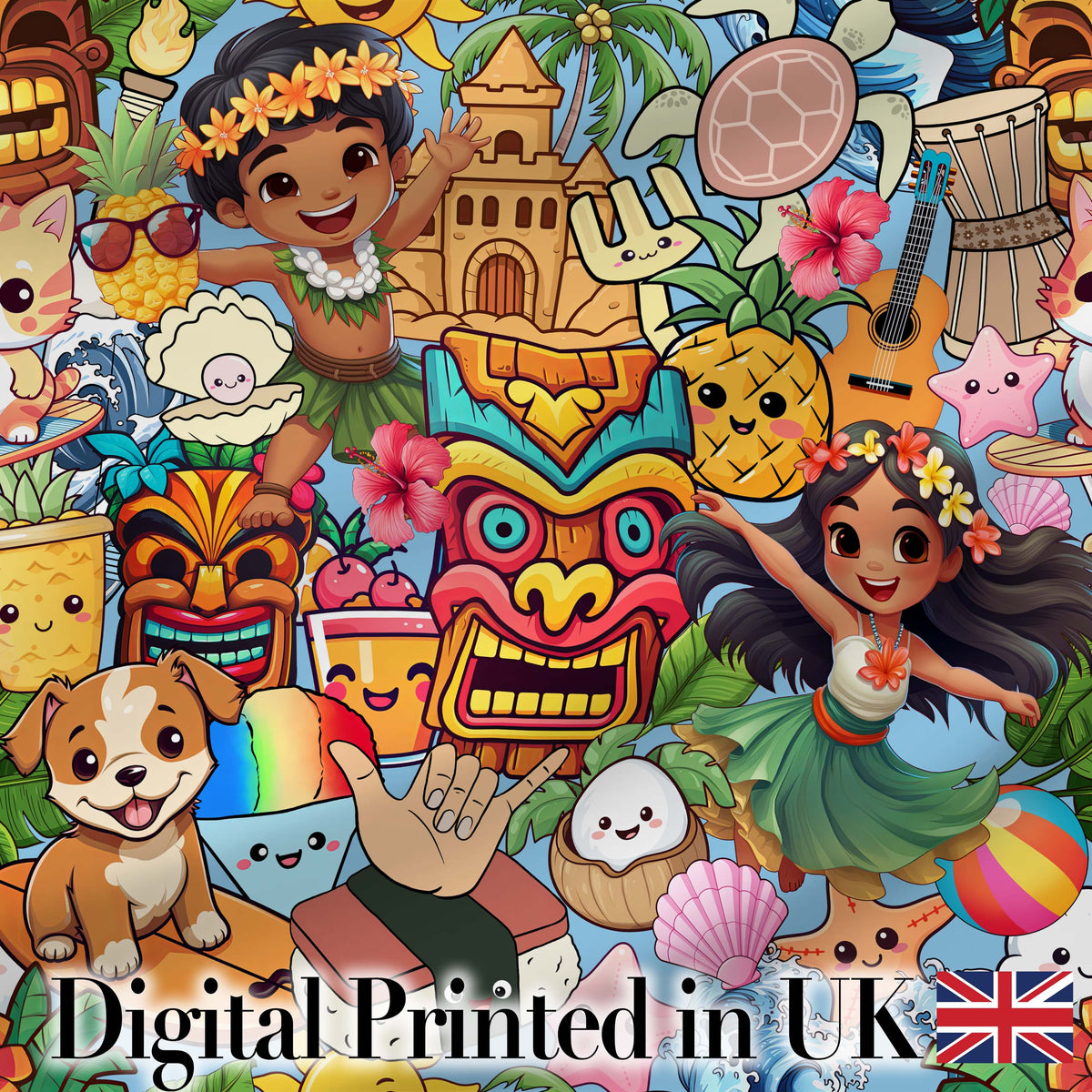 Cute Hawaiian Kids Blue Background Tiki Beach Summer Cartoon Seamless Pattern Digital Print Fabric by the Metre UK Sewing Quilting Textile