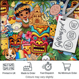 Cute Hawaiian Kids Blue Background Tiki Beach Summer Cartoon Seamless Pattern Digital Print Fabric by the Metre UK Sewing Quilting Textile