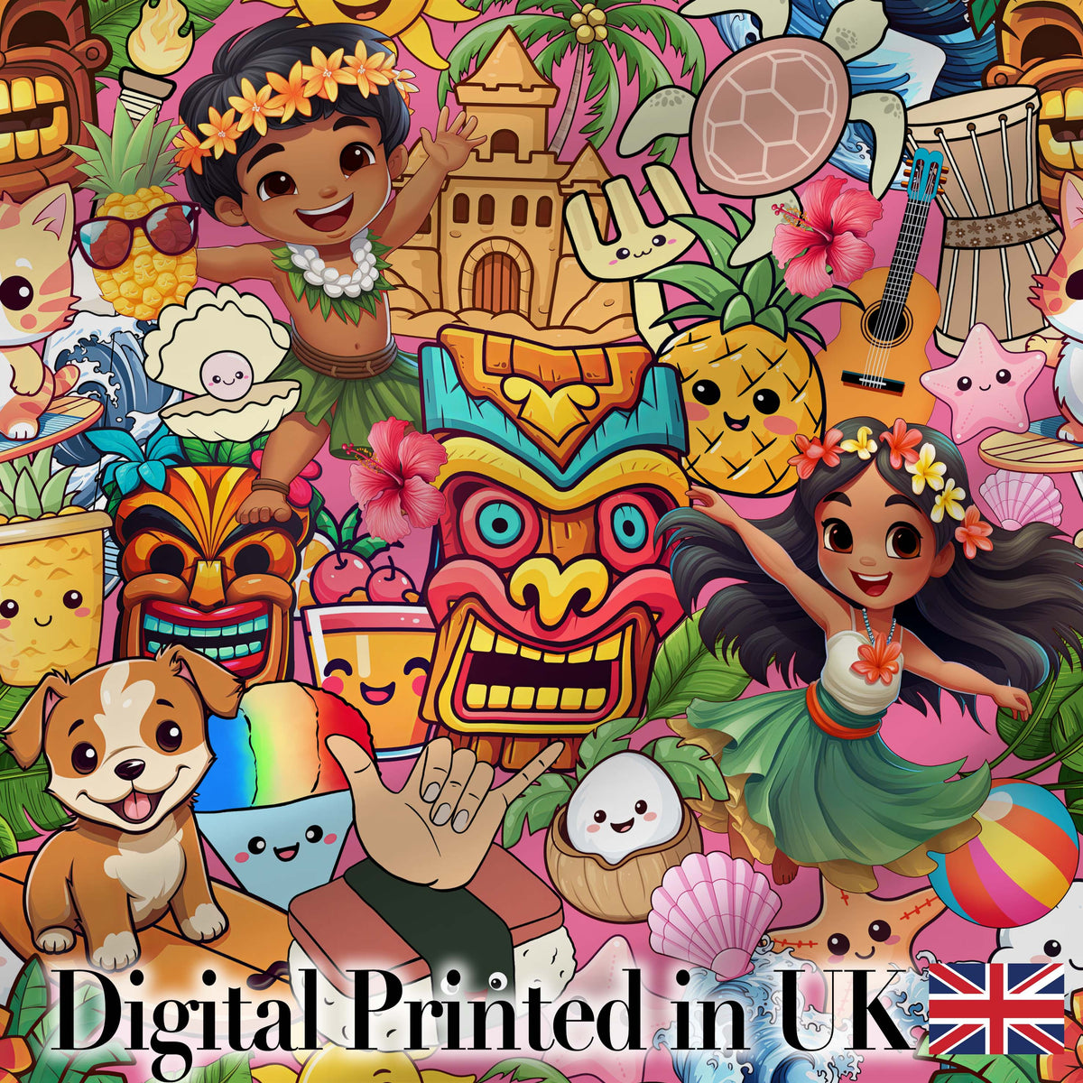 Cute Hawaiian Kids Pink Background Tiki Beach Summer Cartoon Seamless Pattern Digital Print Fabric by the Metre UK Sewing Quilting Textile