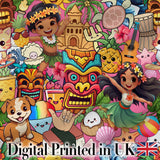 Cute Hawaiian Kids Pink Background Tiki Beach Summer Cartoon Seamless Pattern Digital Print Fabric by the Metre UK Sewing Quilting Textile