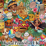 Cute Hawaiian Kids Teal Background Tiki Beach Summer Cartoon Seamless Pattern Digital Print Fabric by the Metre UK Sewing Quilting Textile