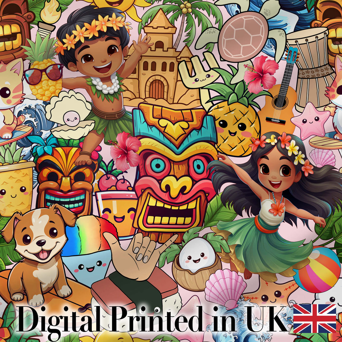 Cute Hawaiian Kids Beige Background Tiki Beach Summer Cartoon Seamless Pattern Digital Print Fabric by the Metre UK Sewing Quilting Textile