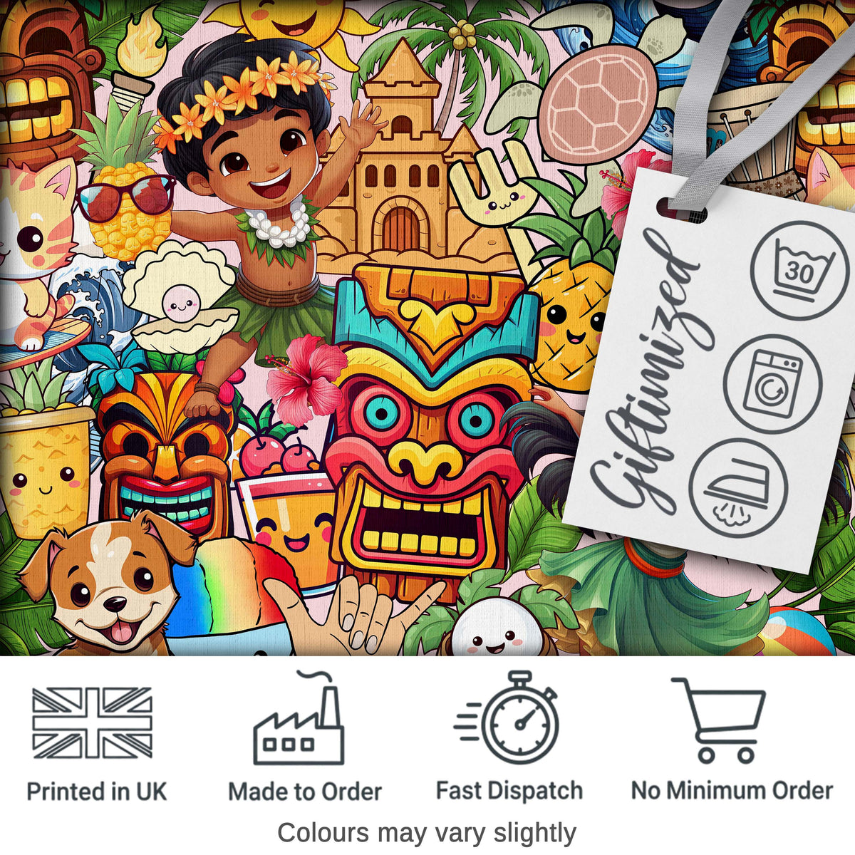 Cute Hawaiian Kids Beige Background Tiki Beach Summer Cartoon Seamless Pattern Digital Print Fabric by the Metre UK Sewing Quilting Textile