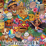 Cute Hawaiian Kids Purple Background Tiki Beach Summer Cartoon Seamless Pattern Digital Print Fabric by the Metre UK Sewing Quilting Textile