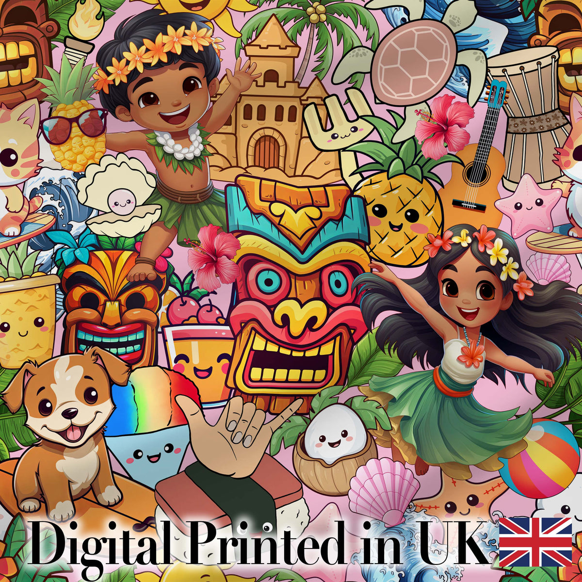 Cute Hawaiian Kids Pink Background Tiki Beach Summer Cartoon Seamless Pattern Digital Print Fabric by the Metre UK Sewing Quilting Textile
