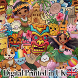 Cute Hawaiian Kids Pink Background Tiki Beach Summer Cartoon Seamless Pattern Digital Print Fabric by the Metre UK Sewing Quilting Textile