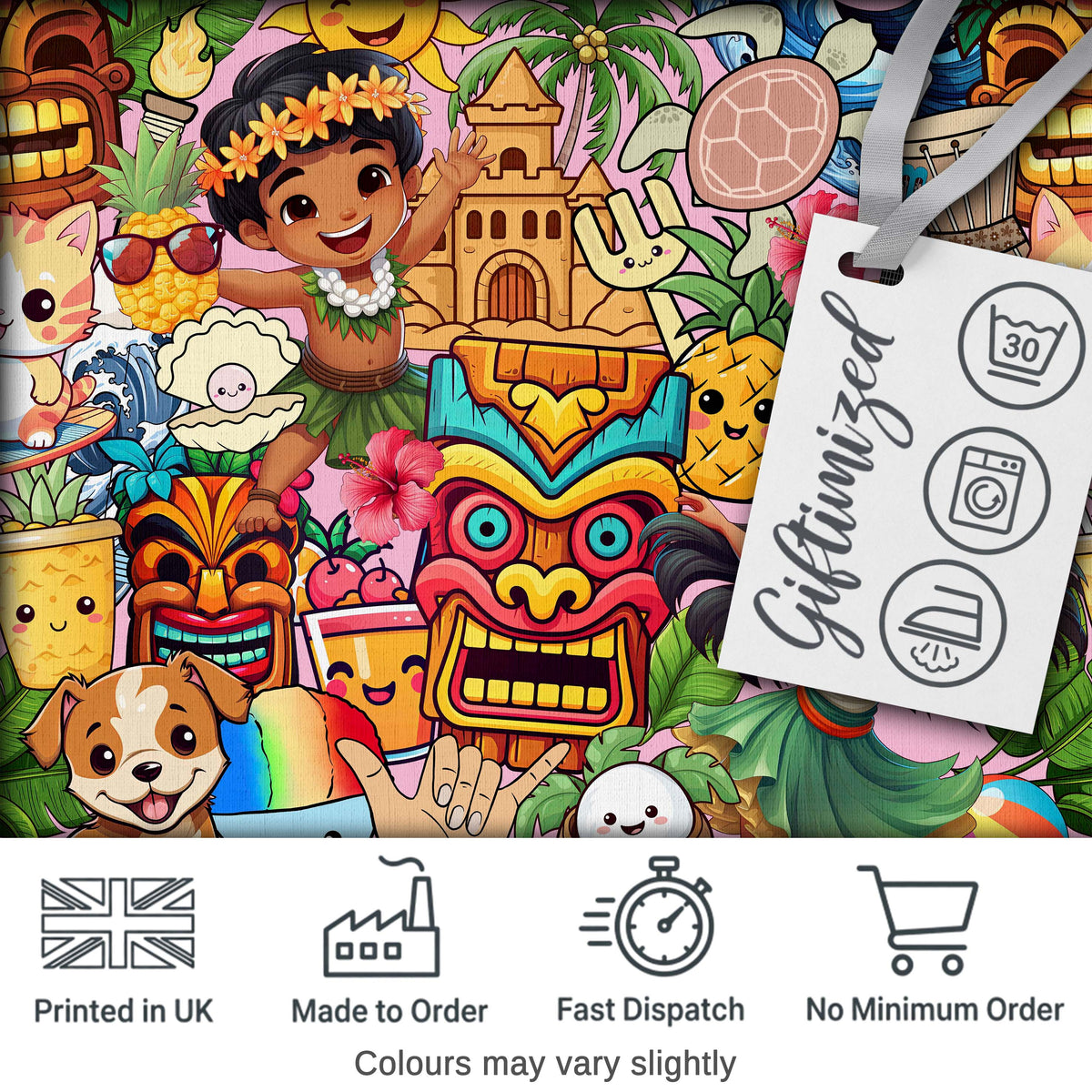 Cute Hawaiian Kids Pink Background Tiki Beach Summer Cartoon Seamless Pattern Digital Print Fabric by the Metre UK Sewing Quilting Textile