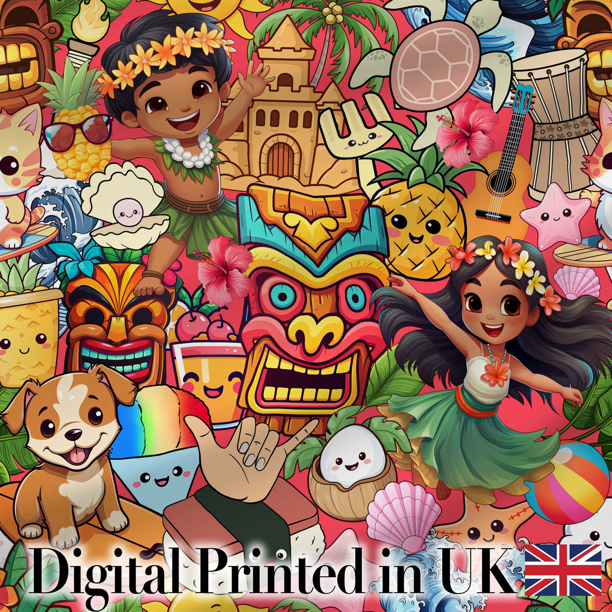Cute Hawaiian Kids Red Background Tiki Beach Summer Cartoon Seamless Pattern Digital Print Fabric by the Metre UK Sewing Quilting Textile