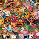 Cute Hawaiian Kids Red Background Tiki Beach Summer Cartoon Seamless Pattern Digital Print Fabric by the Metre UK Sewing Quilting Textile