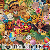 Cute Hawaiian Kids Yellow Background Tiki Beach Summer Cartoon Seamless Pattern Digital Print Fabric by the Metre UK Sewing Quilting Textile