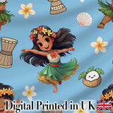 Cute Hula Girl Blue Background Tropical Flowers Coconut Seamless Pattern Digital Print Fabric by the Metre UK Sewing Quilting Textile