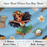 Cute Hula Girl Blue Background Tropical Flowers Coconut Seamless Pattern Digital Print Fabric by the Metre UK Sewing Quilting Textile