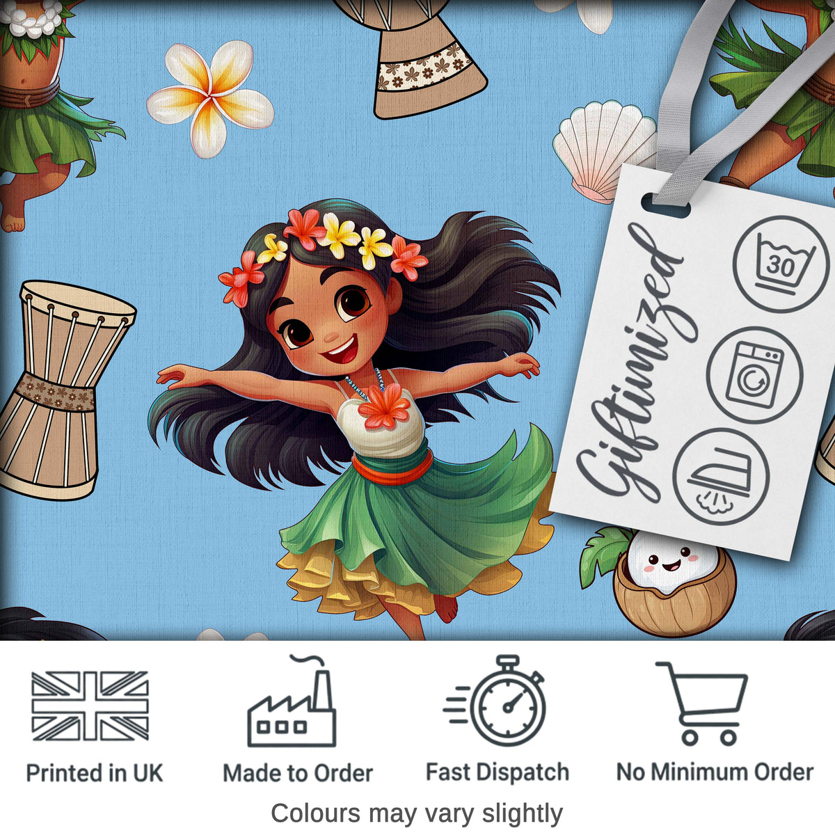 Cute Hula Girl Blue Background Tropical Flowers Coconut Seamless Pattern Digital Print Fabric by the Metre UK Sewing Quilting Textile
