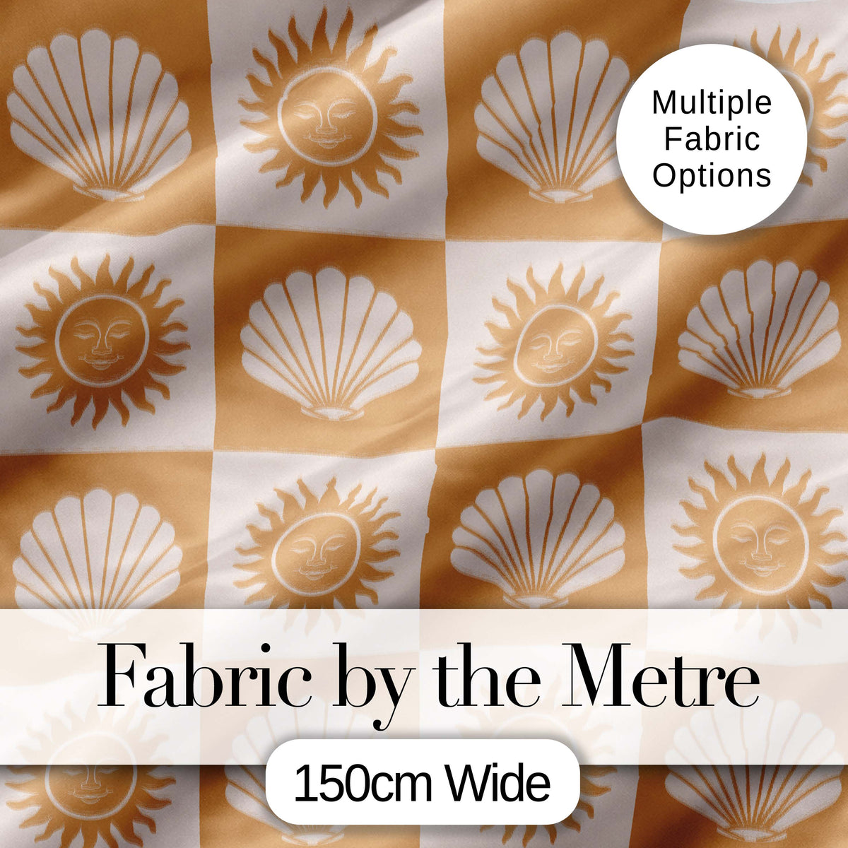 Boho Sun And Shells Checkerboard Beige Seamless Pattern Digital Print Fabric by the Metre UK Sewing Quilting Textile