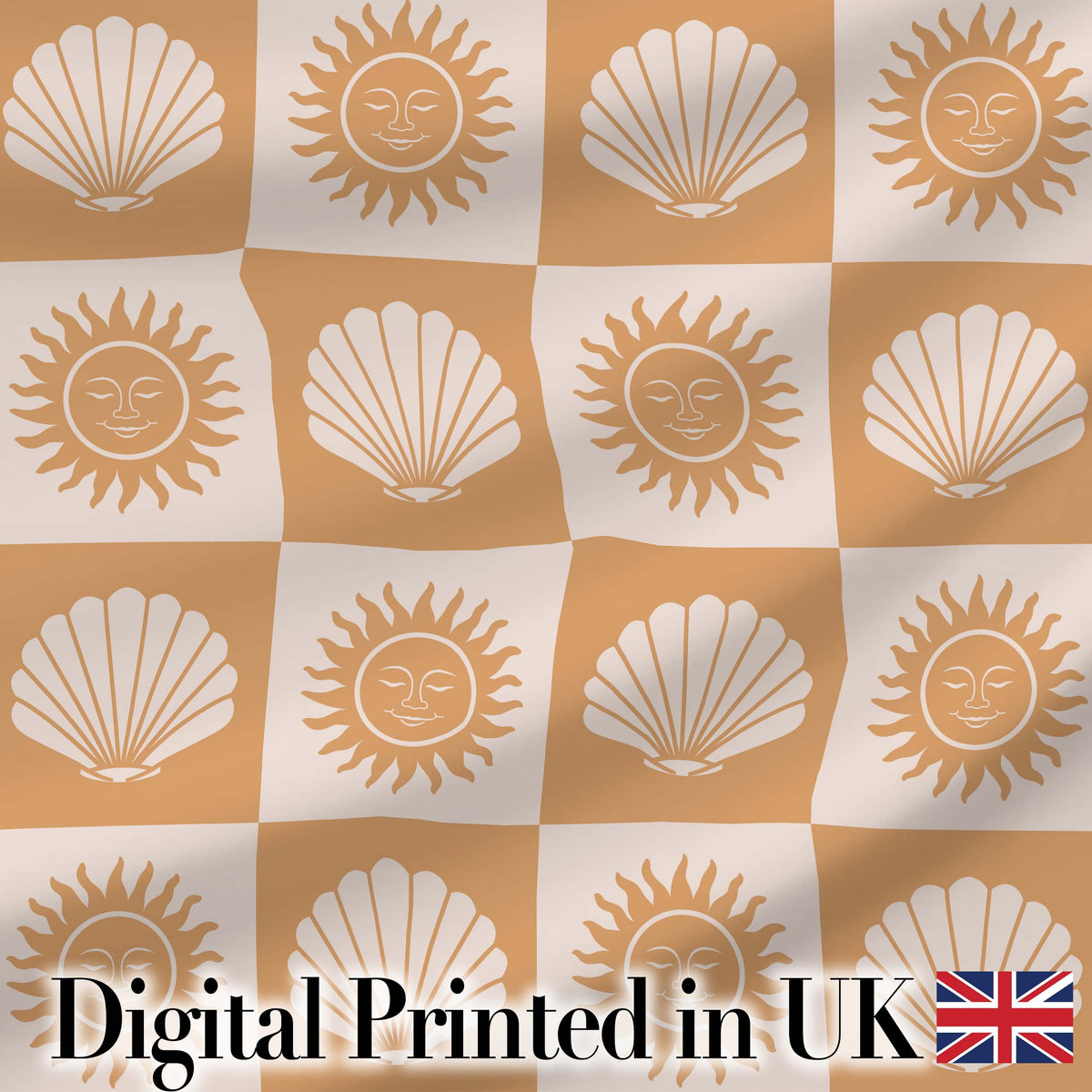 Boho Sun And Shells Checkerboard Beige Seamless Pattern Digital Print Fabric by the Metre UK Sewing Quilting Textile