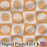 Boho Sun And Shells Checkerboard Beige Seamless Pattern Digital Print Fabric by the Metre UK Sewing Quilting Textile