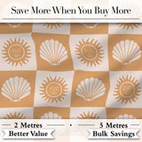 Boho Sun And Shells Checkerboard Beige Seamless Pattern Digital Print Fabric by the Metre UK Sewing Quilting Textile