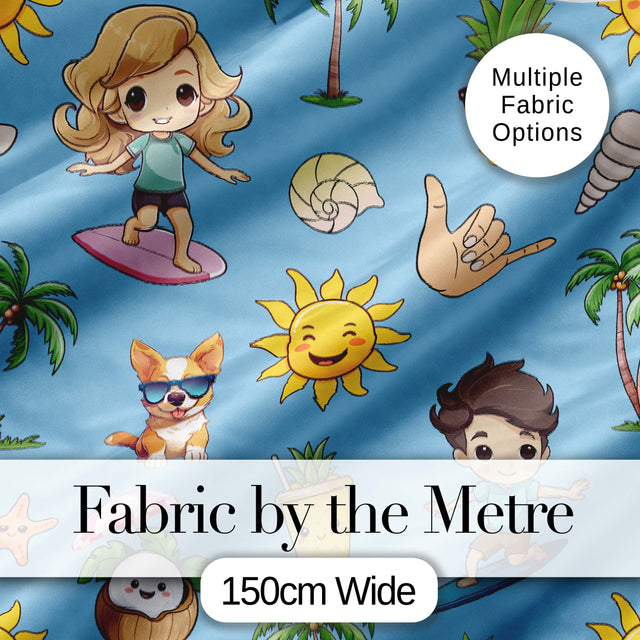 Cute Summer Beach Kids Surfing Sun Pineapple Dog Blue Seamless Pattern Digital Print Fabric by the Metre UK Sewing Quilting Textile