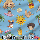 Cute Summer Beach Kids Surfing Sun Pineapple Dog Blue Seamless Pattern Digital Print Fabric by the Metre UK Sewing Quilting Textile